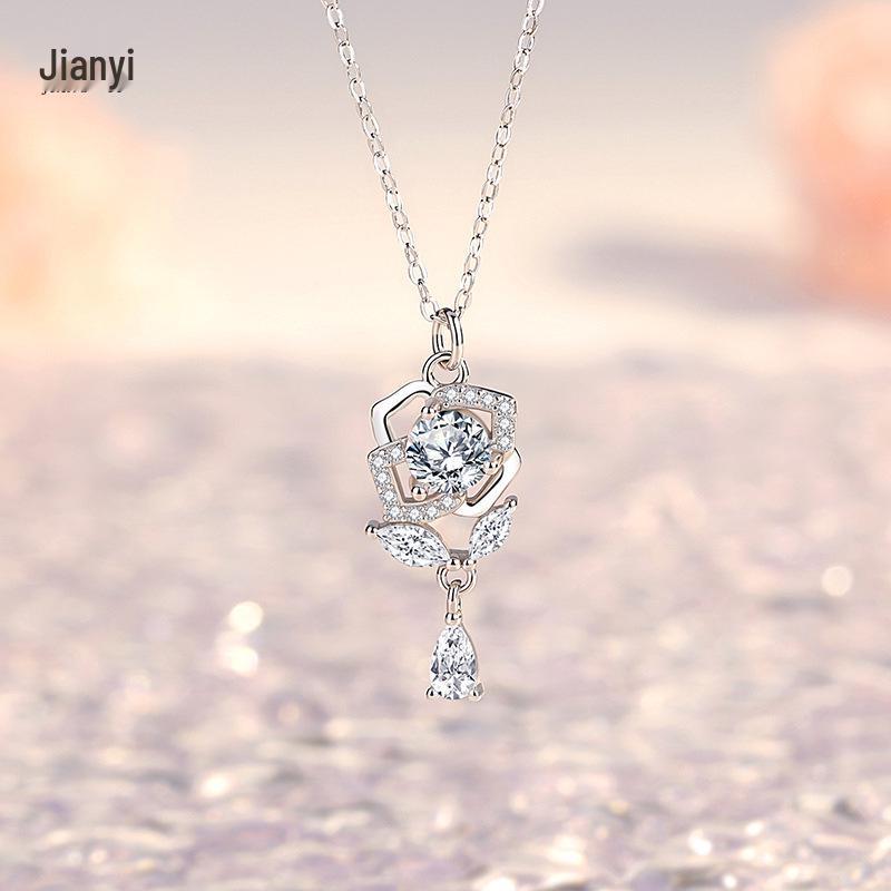 Rose Water Drop Clavicle Necklace: 999 Sterling Silver Floral Zirconia Pendant, Mori Style.