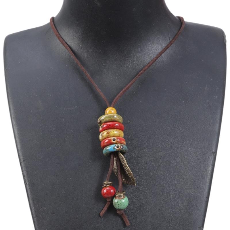 Handmade Ceramic Necklace Adjustable Length Multi Color Beads Leaf Pendants Vintage Style Sweater Chain for Women