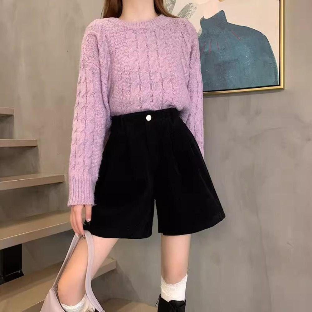 Elastic Women Corduroy Shorts Stripe Loose Streetwear Simple Wide Leg Short Pants  Daily