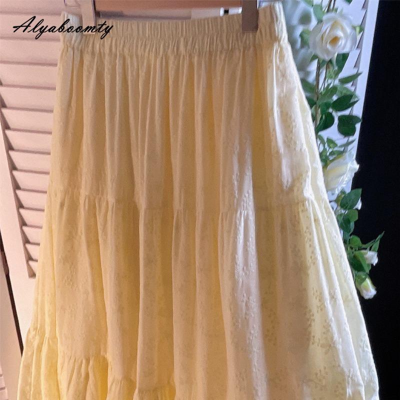 Japanese Mori Girl Spring Summer Women Sweet Skirt High Waist Light Yellow Embroidery Floral Skirt Soft Cotton Elegant Ladies' Skirt