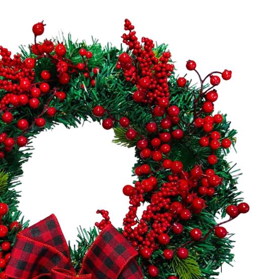 15 Inch Christmas Wreath for Front Door Artificial Greenery Wreath with Red Berries And Buffalo Plaid Bow for Holiday Indoor Outdoor Wall Farmhouse