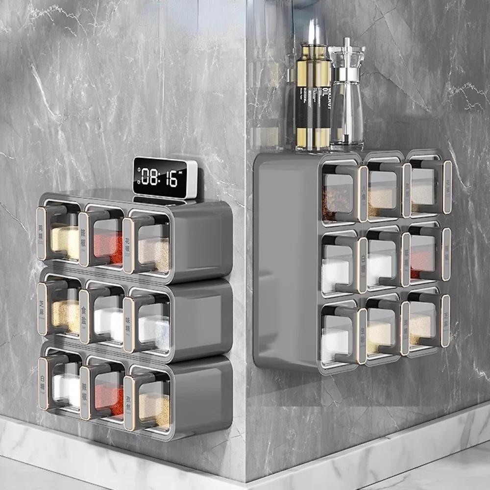Wall Mount Spice Rack Organizer Sugar Bowl Salt Shaker Seasoning Container Kitchen Supplies Storage Set Spice Boxes storage