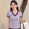 Purple lace V-neck short-sleeved T-shirt for women's summer new front shoulder slim-fitting top, super good-looking Korean