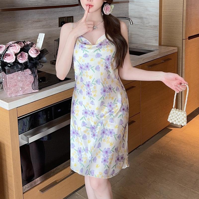 New women's summer suspender girl love hanging skirt sexy pajamas sweet loungewear rose nightdress live stream explosion