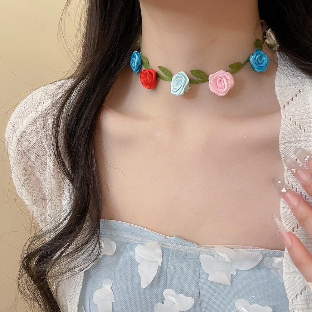 Dopamine Style Satin Cloth Flower Choker Collarbone Choker Summer Clavicle Chain  Gift