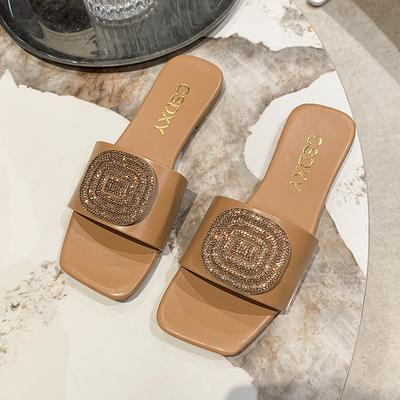 Damenmode Hausschuhe Glitzer Kristall Diamant Hausschuhe Eckige Zehenpartie Flache Absätze Sandalen Sommer Freizeit Damen Strandschuhe