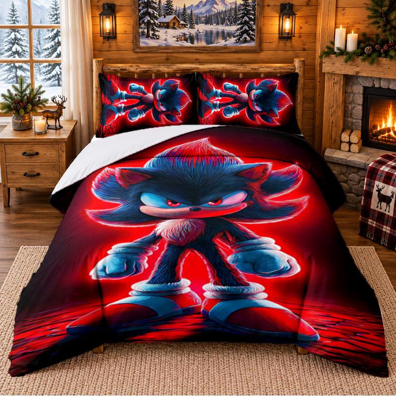 Shadow the Hedgehog Pattern Bedding 3Pcs Set Bed Sheet And Pillowcases For Indoor Bedroom