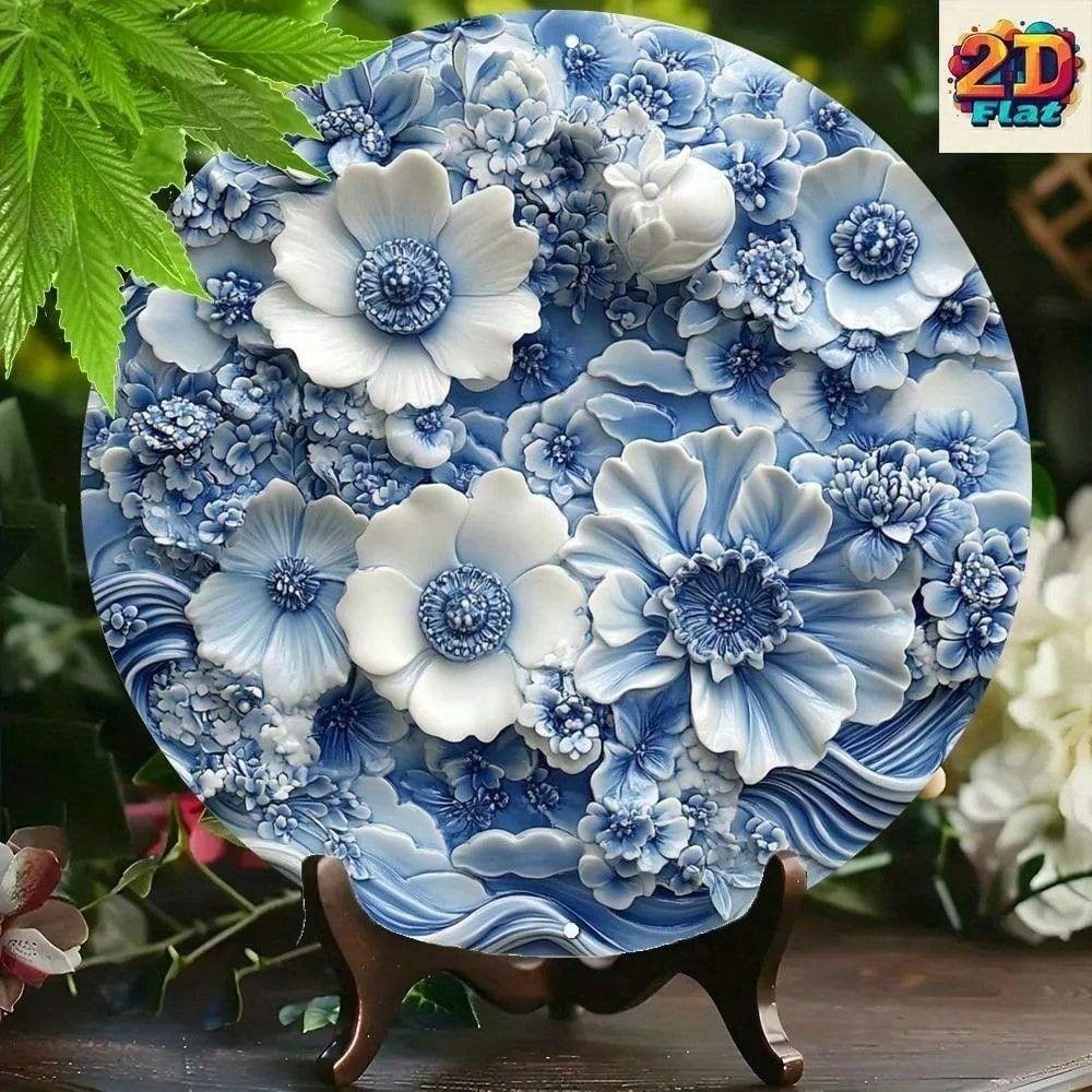 Blue White Art Deco Floral Metal Wall Art Luxury Tin Sign Living Room Decor