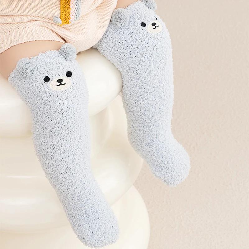 Cartoon Plush Baby Boys Girls Socks Cute Bear Thigh High Socks for Infant Winter Thicken Warm Coral Fleece Kids Stockings
