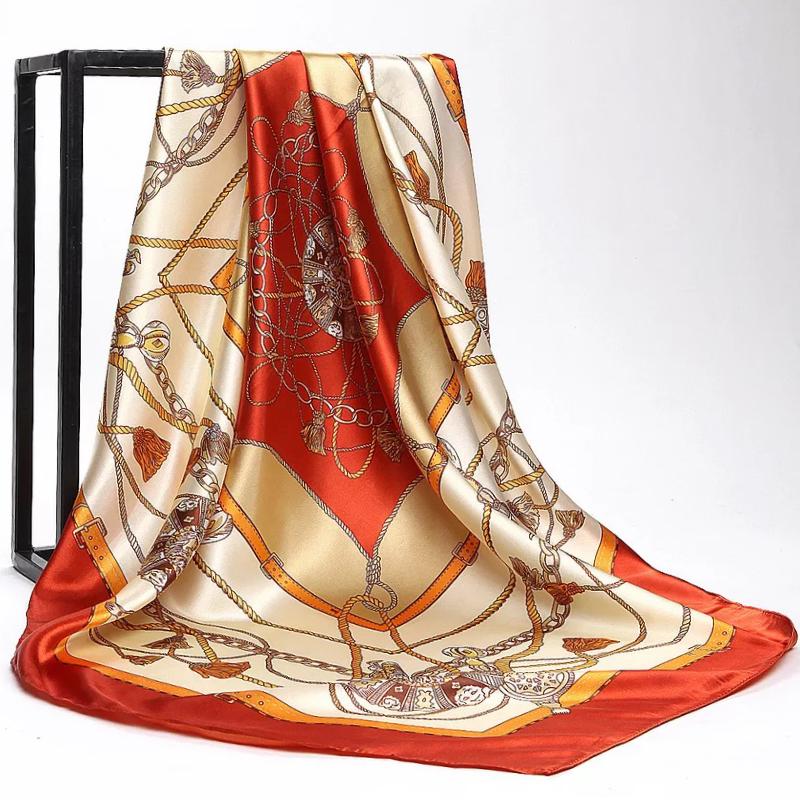 Fashion Scarves For Women Print Silk Satin Head Scarf Female 90cmx90cm Luxury Brand Square Shawl Large Hijab Scarfs For Ladies