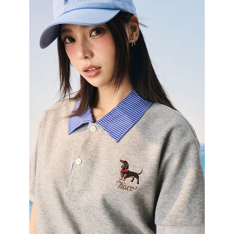 HACR Women Harshandcruel Korean Style Retro College Plaid Collar Fake Two-Piece Color Block Embroidery Polo Shirt