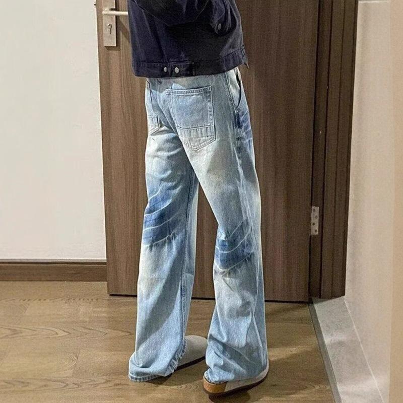 Washed Blue Straight Jeans Men's Spring and Autumn American High Street Vibe Pants Cleanfit Scimitar Slightly Pulled Trousers