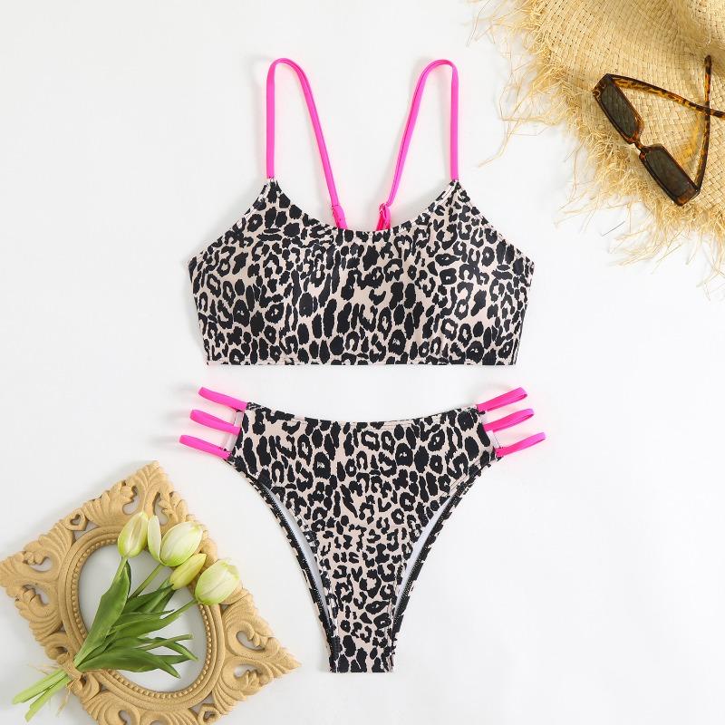 Women's Leopard Print Thin Strap Top & Multi-Strap High Waist Two-Piece Bikini Swimsuit