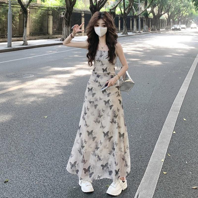 (Double layer) ink butterfly dress summer Korean version new pleated waist thin sleeveless vest long dress women