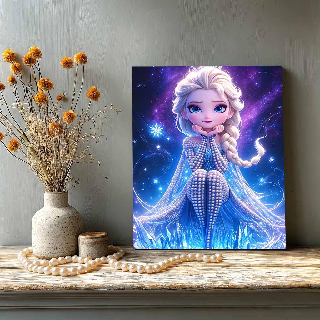 Chibi Starry Ice Elsa New Pearl-Inlaid Frameless Art | Handmade Pearl Craft, Dreamy Starry Ice Theme, for Cute Girly Frozen Style Home Decor