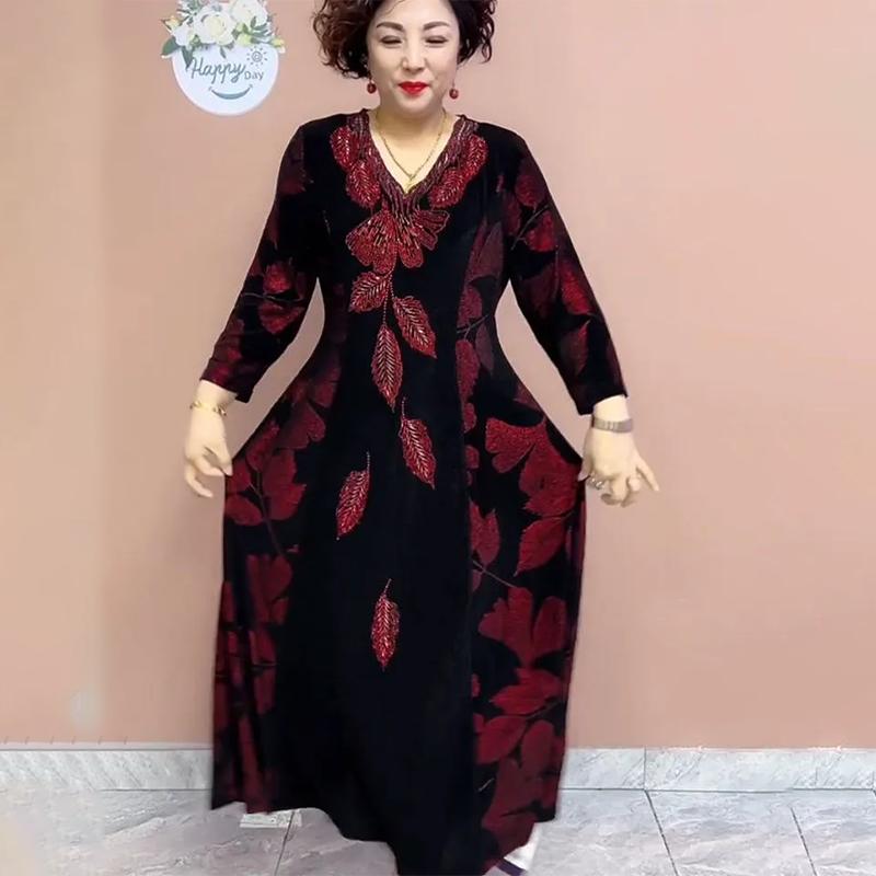 Autumn Women's V-Neck Velvet Dress Plus Size Loose Printed Long Dress