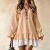 Abito da donna con scollo a V, maniche lunghe, orlo arricciato e bordi in pizzo, Colore, Elegante