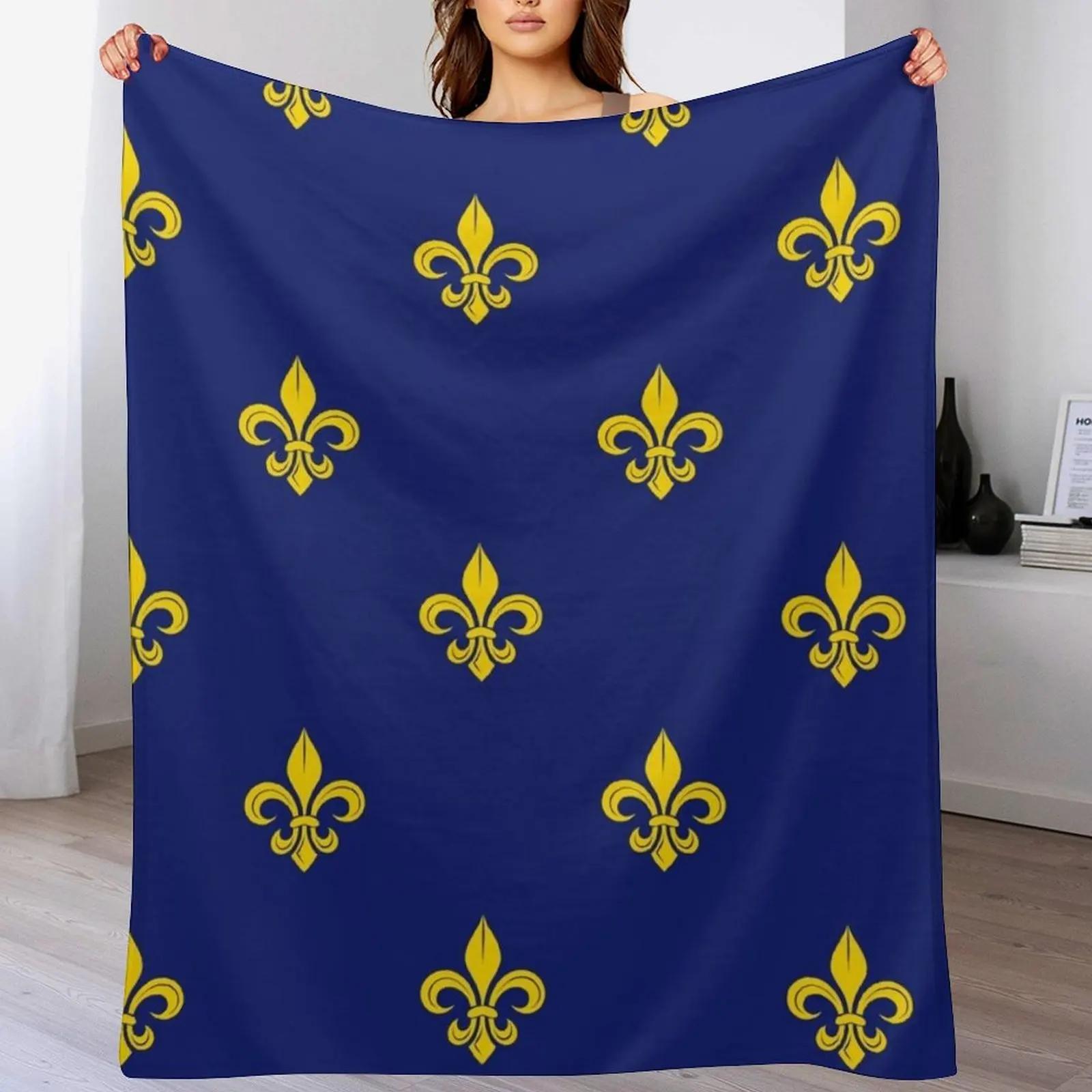 

Golden French Lily and Royal Color Blue On Bubble Merch Throw Blanket Foldable Soft Warm Blanket for Outdoor Use 102x76cm(40x30in)