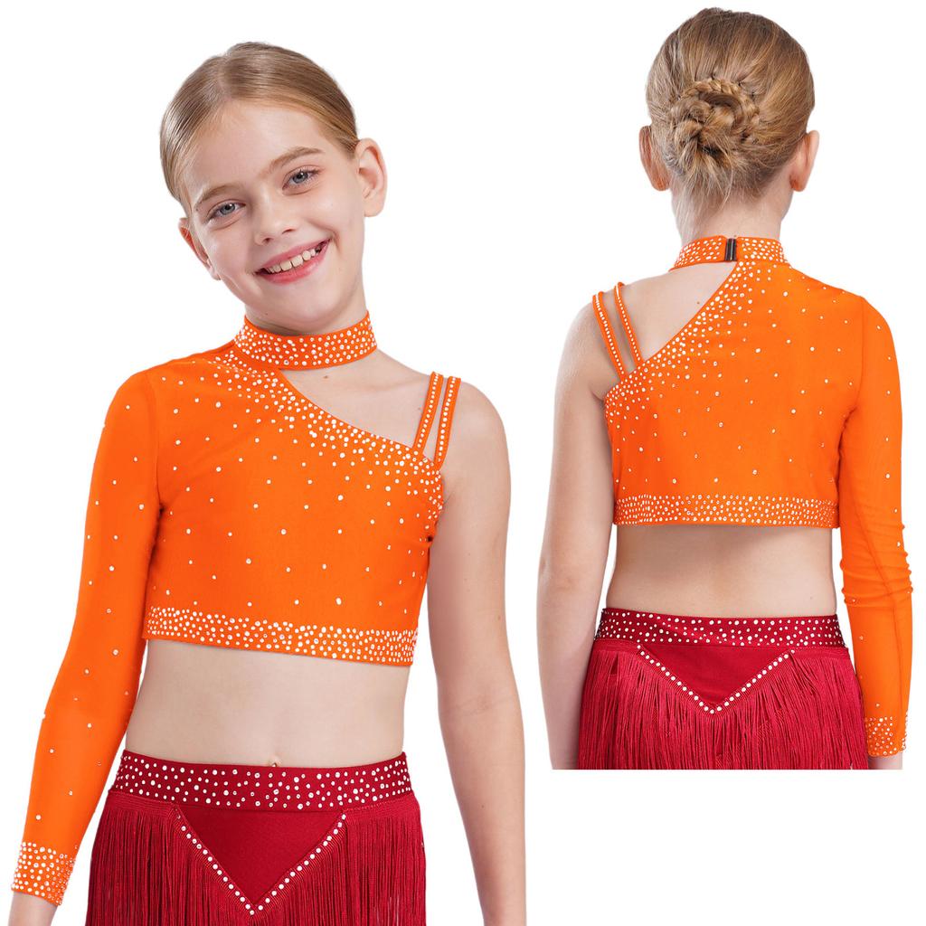 Kinder Mädchen Tanzoberteil Funkelnde Strasssteine Crop Top, Einzigartiges unregelmäßiges Schulterdesign für Bühnenauftritte & Tanzwettbewerbe