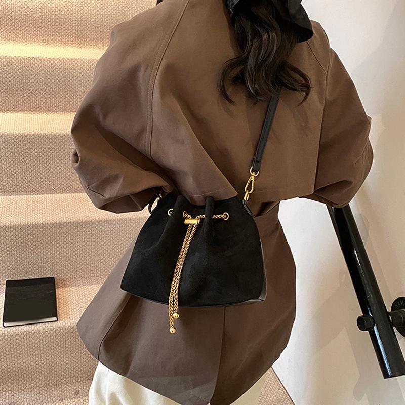 Yogodlns Faux Suede Shoulder Bag Simple Commuting Crossbody Bags Thread String Women's Handbags Sewing Sweet Bags for Women