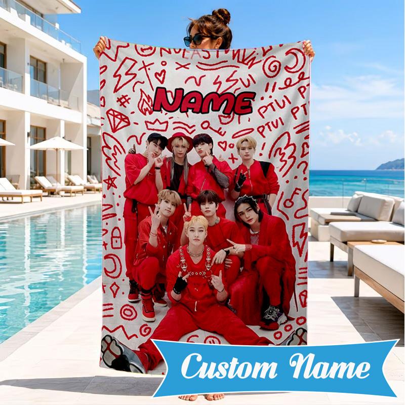 Custom Name K-pop Idol Collage Beach Towel Microfiber Beach Towel, Lightweight and Quick-Dry, for Summer Travel, Swimming Pool Gift