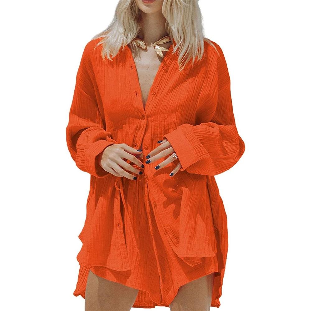 Summer Women's Casual Two Piece Long Sleeve Shirt Top And Shorts Sportswear Set