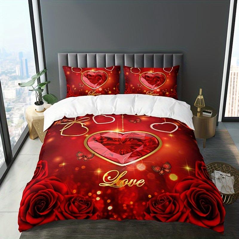 Romantic Red Heart Rose Floral Butterfly Letter Duvet Cover Set Includes 1 Duvet Cover And 2 Pillowcases Breathable Polyester