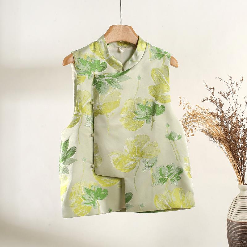 Green lotus brocade jacquard vest women's new product diagonal placket stand-up collar temperament sleeveless vest