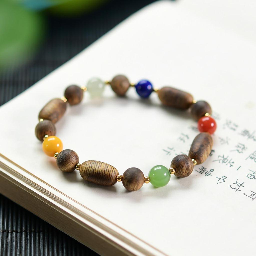 New Chinese Style Agarwood, Hetian Jade, Red Agate, Amber, Lapis Lazuli Multi-Gemstone Bracelet (Oil-Free)