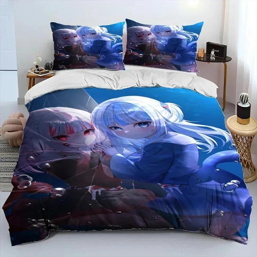 Comforter Cute Gawr Gura Hololive Anime Shark Bedding Set Printed Bed Set With Soft Queen King Size Bedclothes Home