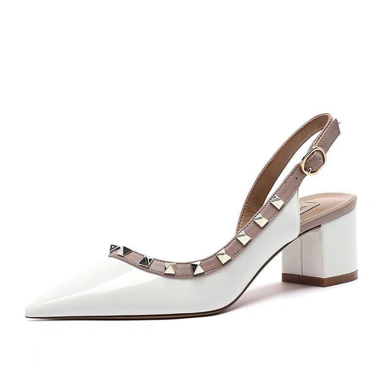 2024 Summer Mid-Heel Nude Pointed-Toe Studded Peep-Toe Chunky Heel Backless Sandals for Women