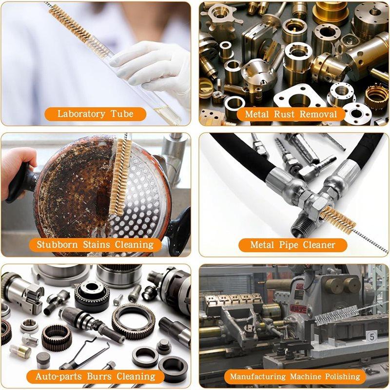 A58Z 14-Pieces Brass Wire Brush Stainless Steel Tube Brush Set 12" Round Wire Brushes Kit Bore Brush Metal Bristle Cleaning
