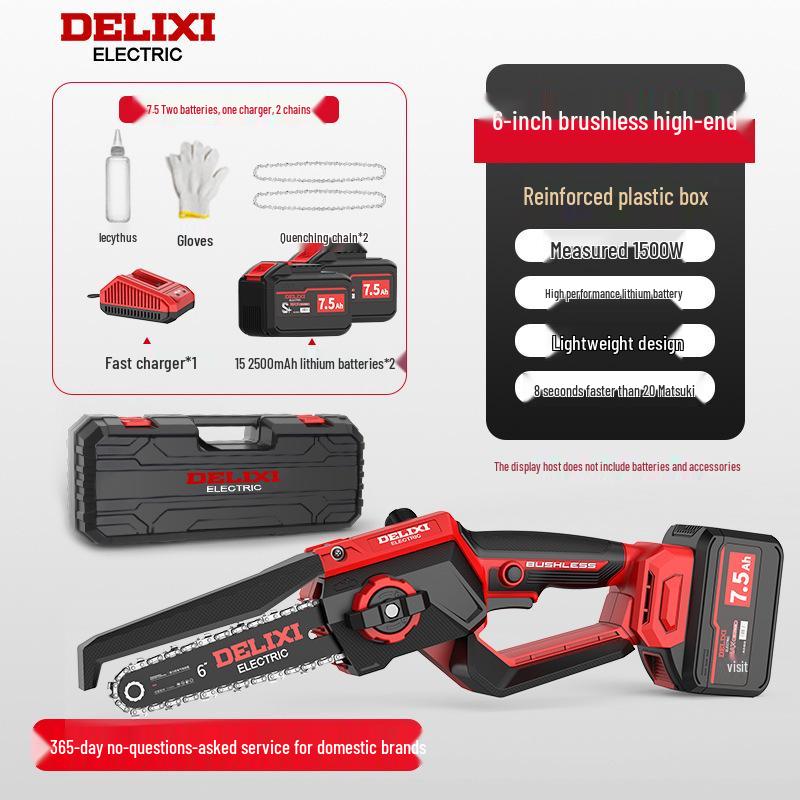 Delixi Cordless Brushless Electric Chainsaw: High-Power, Handheld Lithium Battery Saw for Home Tree Cutting.