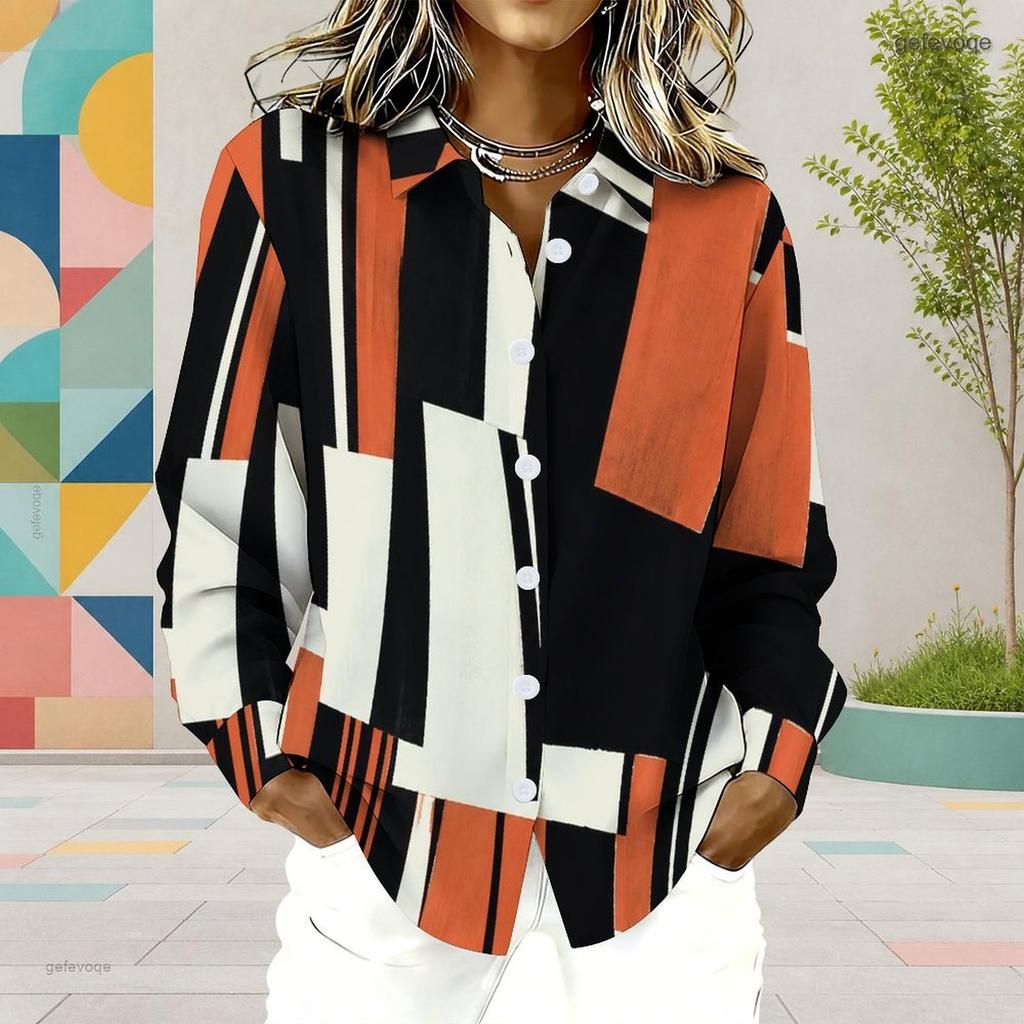 Women Plus Size Collared Long Sleeve Abstract Geometric Printed Button Front Curved Hem Shirt