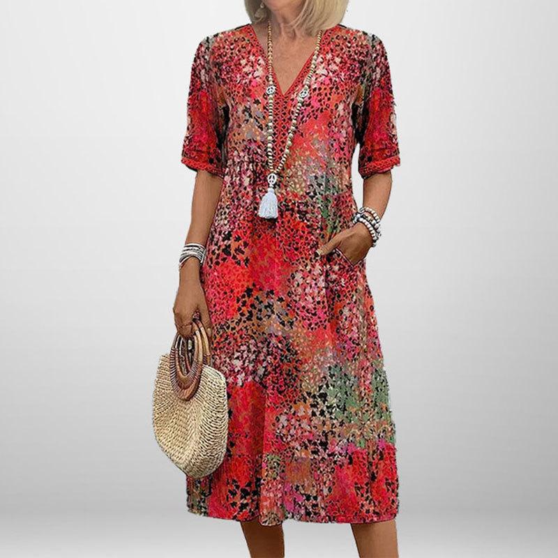New Summer Women's Clothing Elegant and Fashionable Printed V-neck Short-sleeved Dress