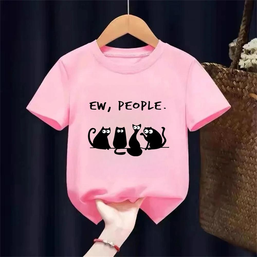 EW PEOPLE Letter Print Kids TShirt Summer Childrens Pure Cotton Shortsleeved Casual Tops Boysgirls Gifts Black Cat Pattern