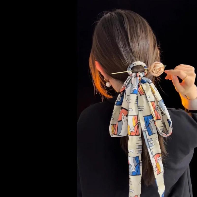 New Silk Scarf Printed Hair Sticks Chinese Style Elegant Women's Long Ribbon Hair Band Bandana Hair Stick Clip Hair Accessories