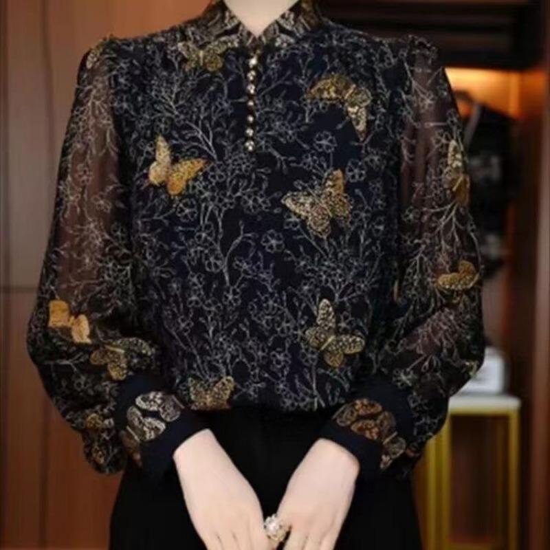 Fashionable Butterfly Print Stand-collar Shirt for Women in Autumn New Loose Women's Long-sleeved Pullover Bottoming Shirt