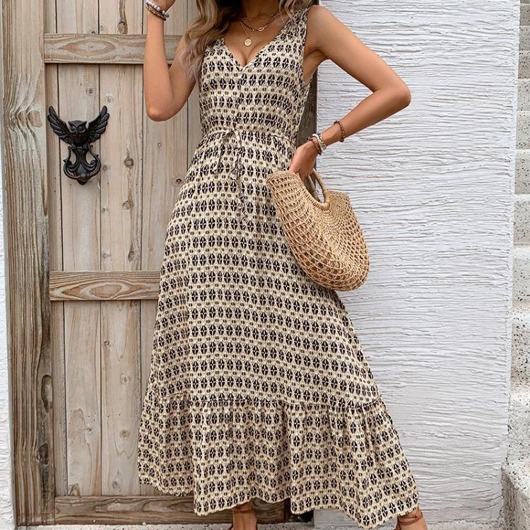 Autumn Winter Women High Waist Sleeveless Dress Lace Up Print Color Pleated Temperament