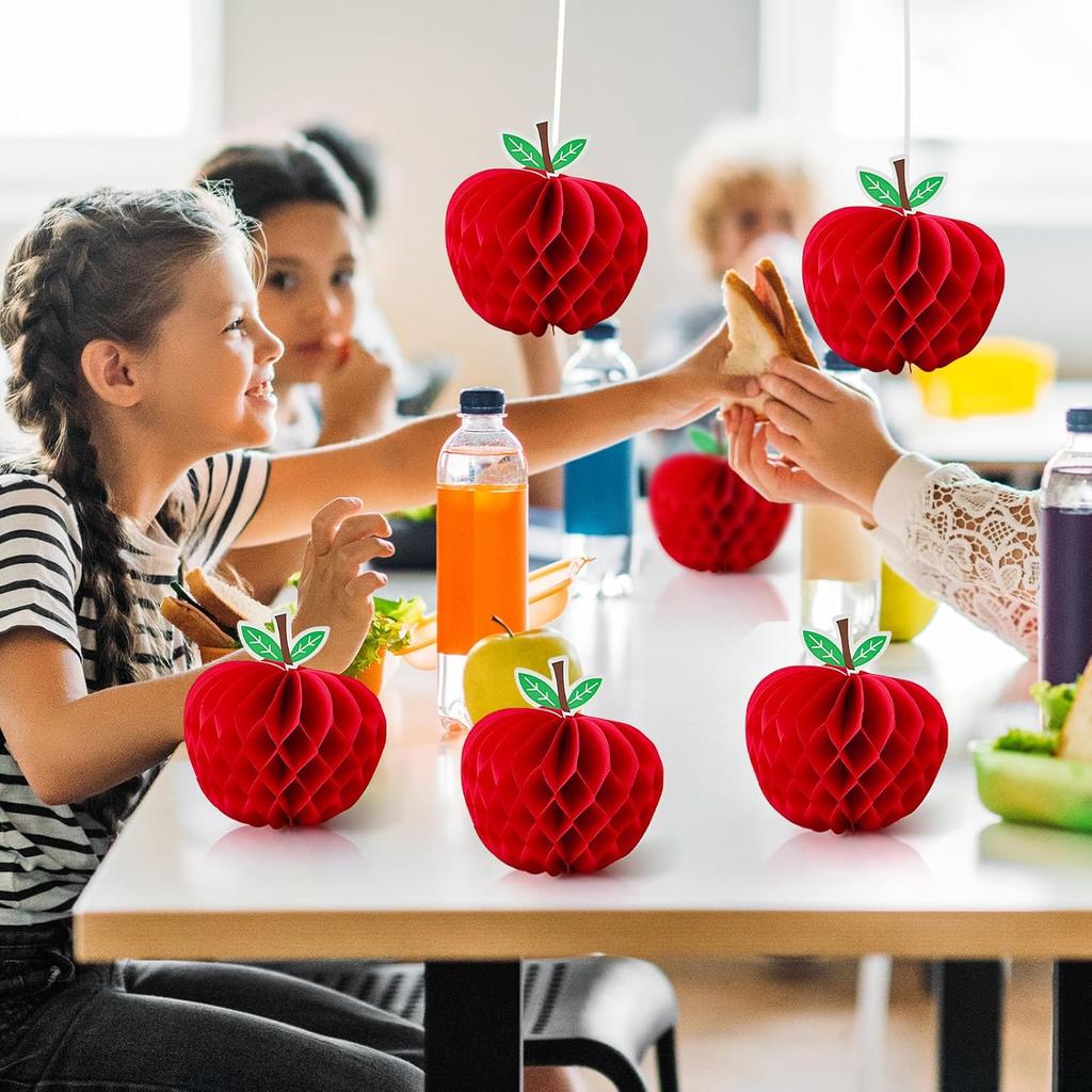 6 Pack 4.3 x 5.7 Inch Apple Honeycomb Decorations, Stand or Hang Tissue Paper Centerpieces, 3D Red Fruit Ornaments for Back to School, Teacher