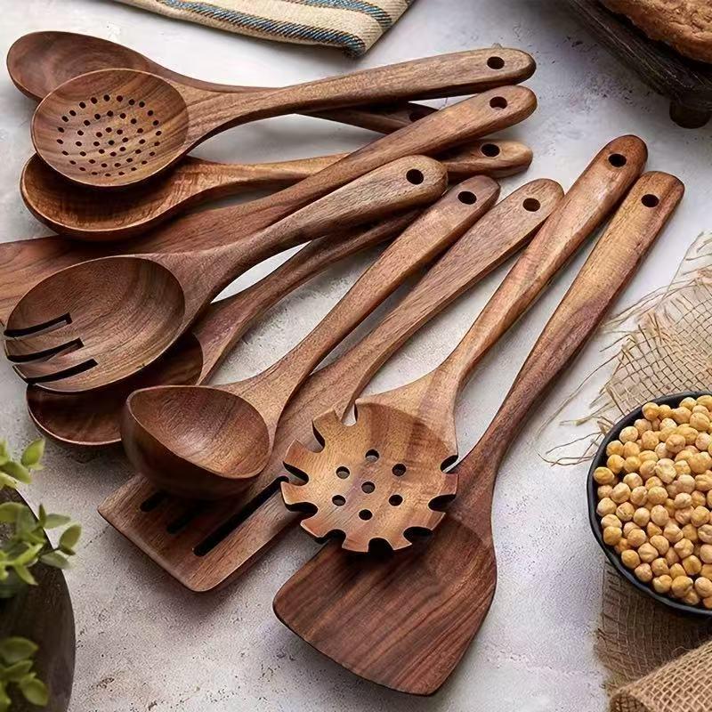 Teak 9-Piece Kitchen Set: Solid Wood Spatula, Spoon, Fork, Non-stick Pan, Acacia Wood Utensils, Long Handle Pot & Vegetable Spatula