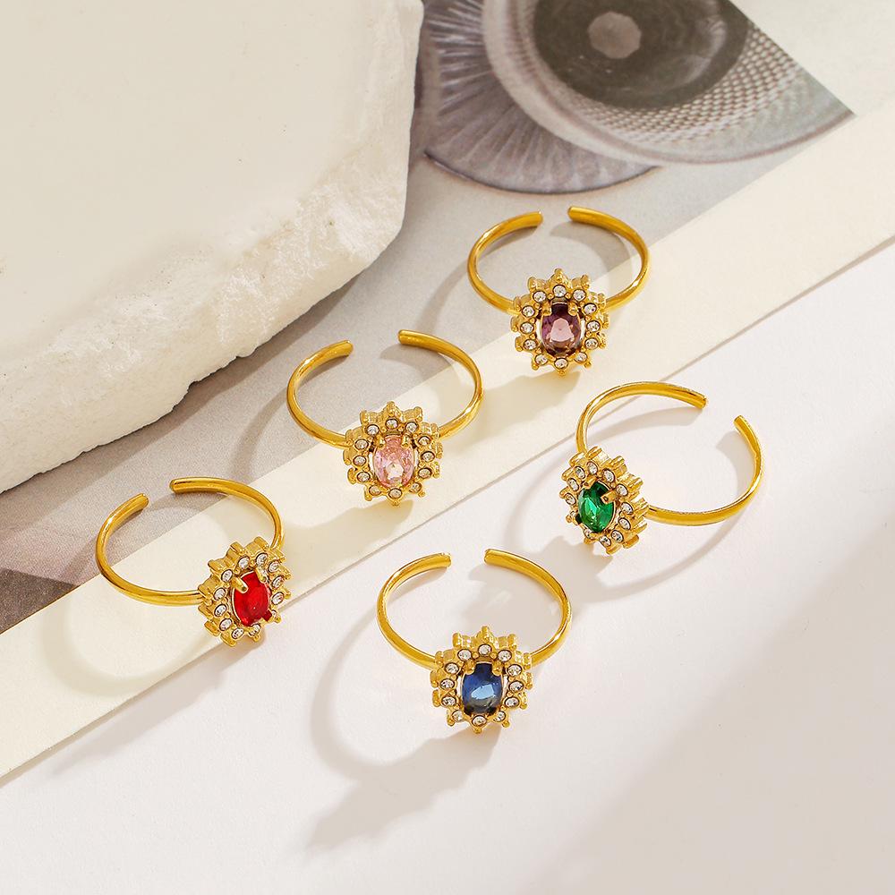 18K Gold-Plated Stainless Steel Open Ring with Sun-Colored Zirconium, Fade-Resistant Women's High-End Design