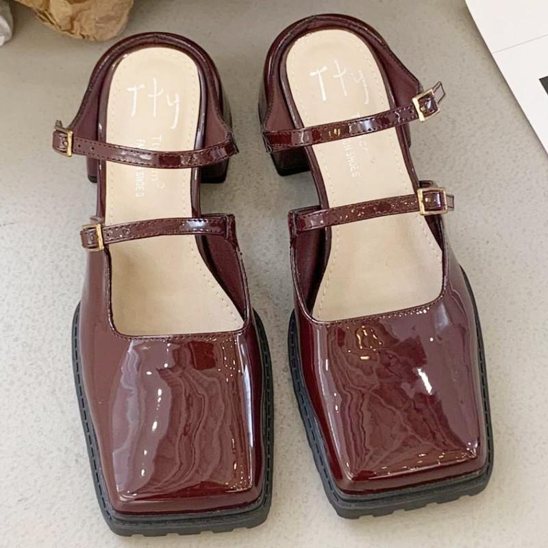 Fashion Retro Square Toe Belt Buckle Women Sandals Fashion Narrow Strap Square Heel Mary Jane Shoes Comfort Patent Leather Designer Shoe