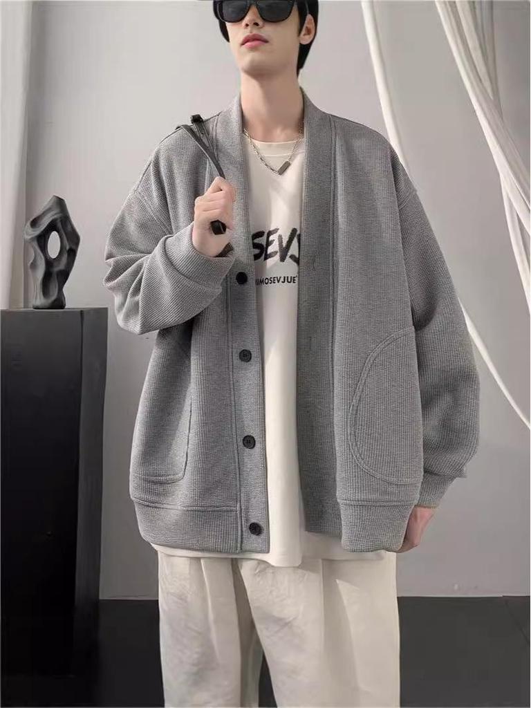 Men's Trendy V-Neck Waffle Knit Cardigan Hoodie - Spring/Autumn Casual Loose Fit Jacket