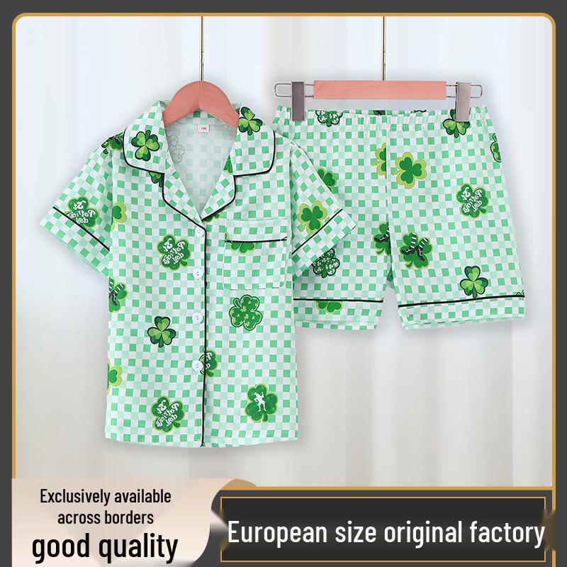 Plaid Four-Leaf Clover Print Girls Short-Sleeved Pajama Set Size 110