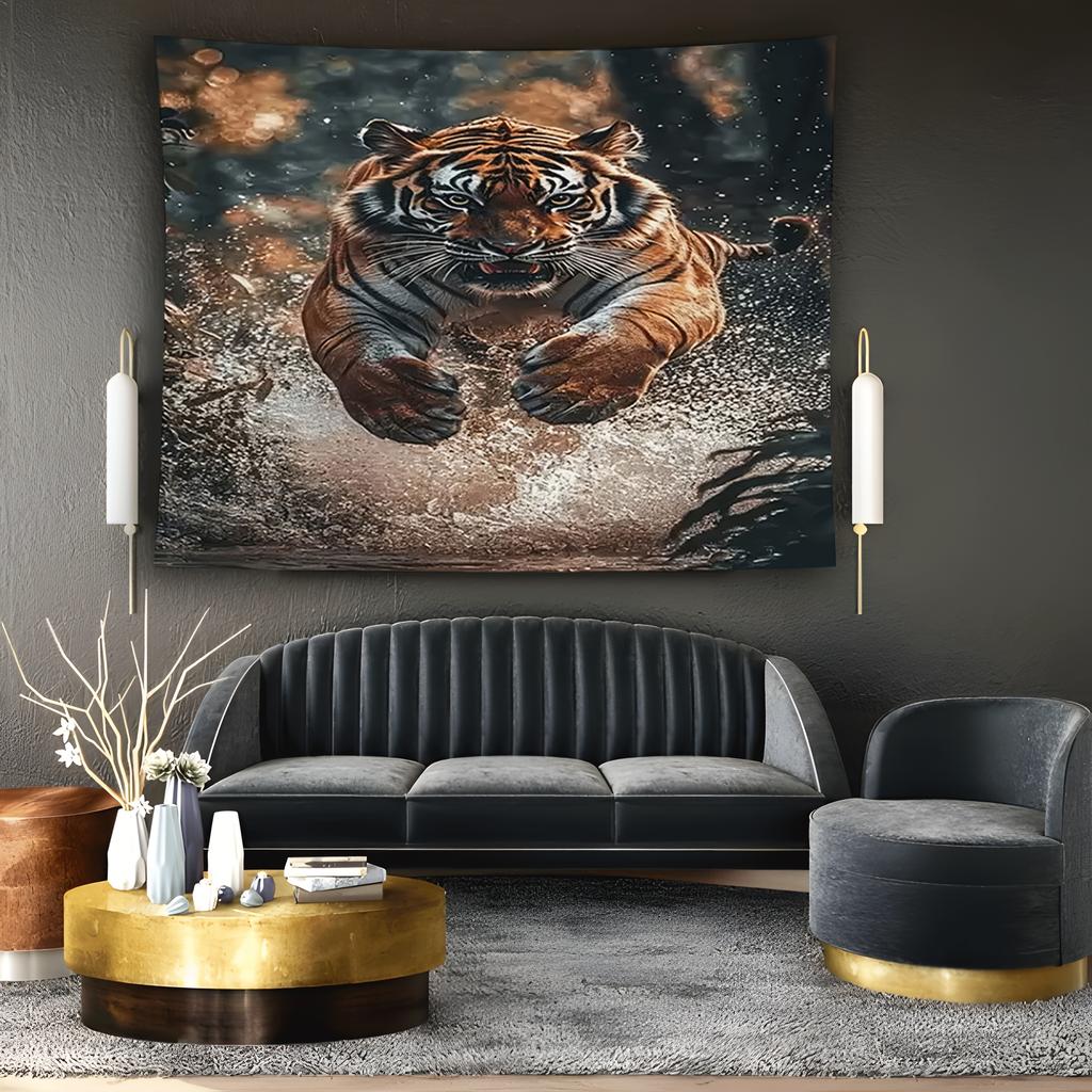 Tiger Galloping Through Forest Digital Printing Polyester Wall Hanging Tapestry Decorative Living Room Office Background Gift