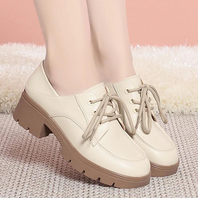

4cm British Style Thick Bottom Platform Shoes Women Pumps 2025 Fall Med Block Heels Soft Leather Shoes Oxfords for Office Mom 35