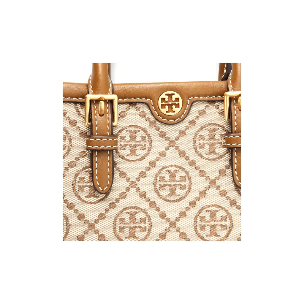 Tory Burch T Monogram Iconic Geometric Style Double T Logo Jacquard Leather Tote Bag Unisex Tote Bags Light-Brown 87146-371