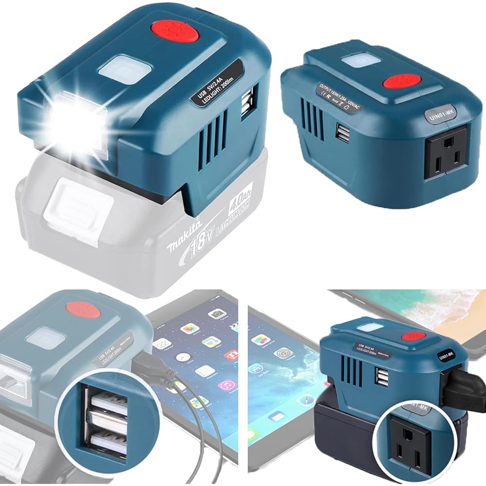 

UNIKI 150W Makita Battery Inverter with DC 18V to AC 110-120V, AC Outlet, Dual USB Output, and 200LM LED Light, Compatible with Makita 18V Lithium Bat