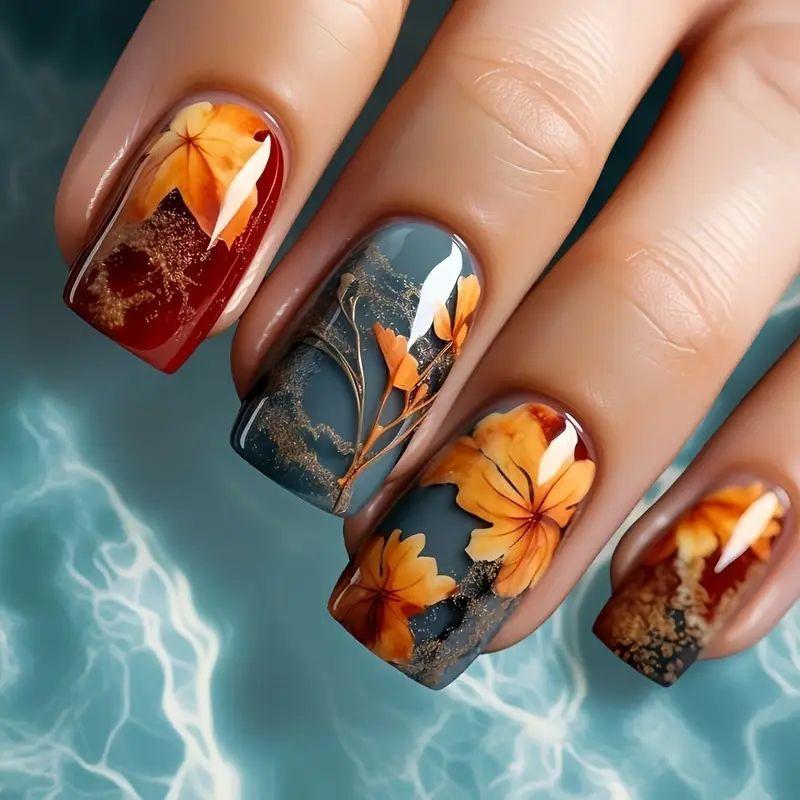 

Hot-selling 24-piece manicure autumn and winter fashion simple gold maple leaf smudge medium rectangular wearing armor Free jelly glue + rubbing strips